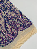 Heart Shape Sequins Fabric - Lavender - 4 Way Stretch Sequins Damask Fabric By Yard