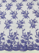 Floral Cluster Corded Fabric - Lavender - Fancy Flower Embroidery Lace Mesh Fabric By Yard