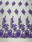 Rose Beaded Sequin Fabric - Lavender - Embroidered Floral Pattern with Beads and Sequins By Yard