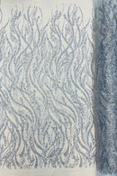 Wavy Floral Beaded Fabric - Light Blue - Geometric Beaded Sequins Embroidered Fabric Sold By Yard