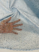 Beaded Mesh 3D Fabric - Light Blue - Beaded Lace Mesh Fabric Embroidered with Small Sequins Sold By Yard