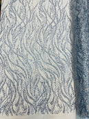 Wavy Floral Beaded Fabric - Light Blue - Geometric Beaded Sequins Embroidered Fabric Sold By Yard