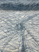 Wavy Floral Beaded Fabric - Light Blue - Geometric Beaded Sequins Embroidered Fabric Sold By Yard