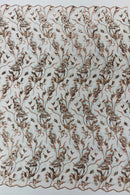 Multi-Color Floral Leaf Fabric - Light Brown / Light Blue - Sequins Lace Flower Fabric Sold By Yard