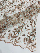 Multi-Color Floral Leaf Fabric - Light Brown / Light Blue - Sequins Lace Flower Fabric Sold By Yard