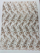 Multi-Color Floral Leaf Fabric - Light Brown / Light Blue - Sequins Lace Flower Fabric Sold By Yard