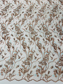 Multi-Color Floral Leaf Fabric - Light Brown / Light Blue - Sequins Lace Flower Fabric Sold By Yard