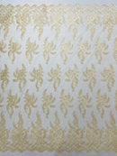 Braid Leaf Designs Lace Fabric - Light Champagne - Embroidered Floral Leaf Pattern on Lace Mesh Fabric By Yard
