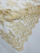 Braid Leaf Designs Lace Fabric - Light Champagne - Embroidered Floral Leaf Pattern on Lace Mesh Fabric By Yard