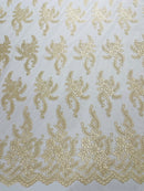 Braid Leaf Designs Lace Fabric - Light Champagne - Embroidered Floral Leaf Pattern on Lace Mesh Fabric By Yard