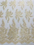 Braid Leaf Designs Lace Fabric - Light Champagne - Embroidered Floral Leaf Pattern on Lace Mesh Fabric By Yard