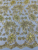 Metallic Floral Lace Fabric - Light Gold - Hologram Sequins Floral Metallic Thread Fabric by Yard