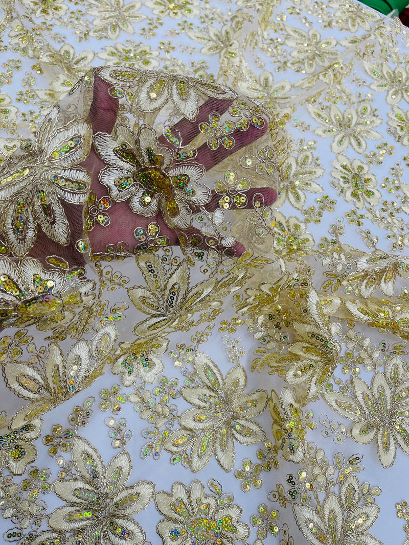 Metallic Floral Lace Fabric - Light Gold - Hologram Sequins Floral Metallic Thread Fabric by Yard