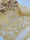 My Lady Beaded Fabric - Light Gold - Damask Beaded Sequins Embroidered Fabric By Yard