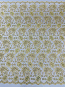 Metallic Floral Lace Fabric - Light Gold - Hologram Sequins Floral Metallic Thread Fabric by Yard
