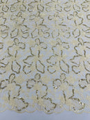 Flower Plant Sequins Fabric - Light Gold - Embroidered Sequins On Flower Pattern Lace By Yard