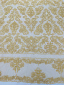 My Lady Beaded Fabric - Light Gold - Damask Beaded Sequins Embroidered Fabric By Yard