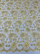 Metallic Floral Lace Fabric - Light Gold - Hologram Sequins Floral Metallic Thread Fabric by Yard