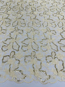 Flower Plant Sequins Fabric - Light Gold - Embroidered Sequins On Flower Pattern Lace By Yard