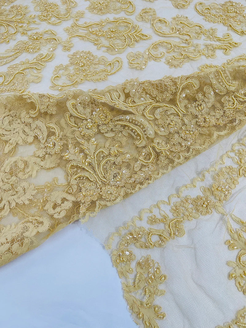 My Lady Beaded Fabric - Light Gold - Damask Beaded Sequins Embroidered Fabric By Yard