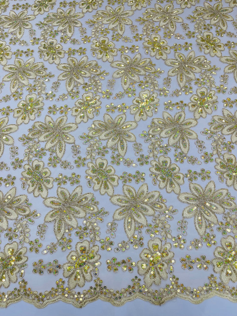 Metallic Floral Lace Fabric - Light Gold - Hologram Sequins Floral Metallic Thread Fabric by Yard