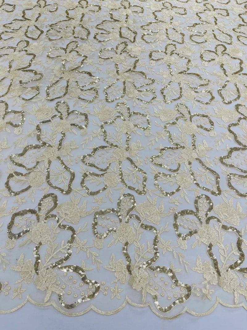 Flower Plant Sequins Fabric - Light Gold - Embroidered Sequins On Flower Pattern Lace By Yard