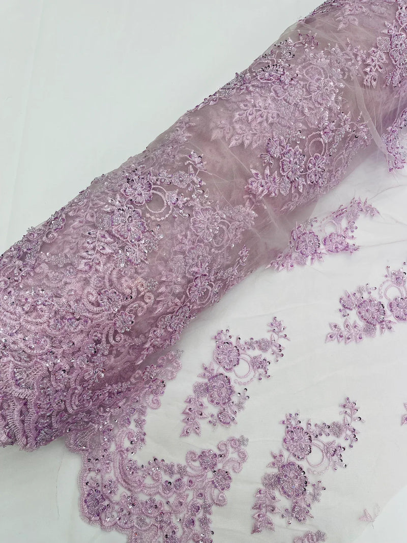 Floral Cluster Beaded Fabric - Light Lilac - Embroidered Flower Beaded Fabric Sold By Yard