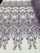 Damask Beaded Glam Fabric - Light Lilac - Embroidery Beaded Fabric with Round Beads Sold By The Yard