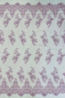Floral Cluster Beaded Fabric - Light Lilac - Embroidered Flower Beaded Fabric Sold By Yard