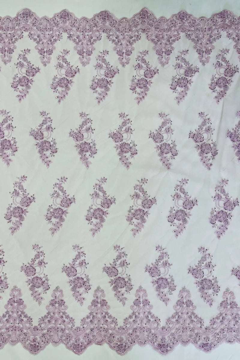 Floral Cluster Beaded Fabric - Light Lilac - Embroidered Flower Beaded Fabric Sold By Yard