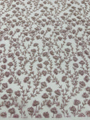 Small Glitter Flower Fabric - Light Lilac - Shimmer Glitter Flower Design on Mesh Lace By The Yard