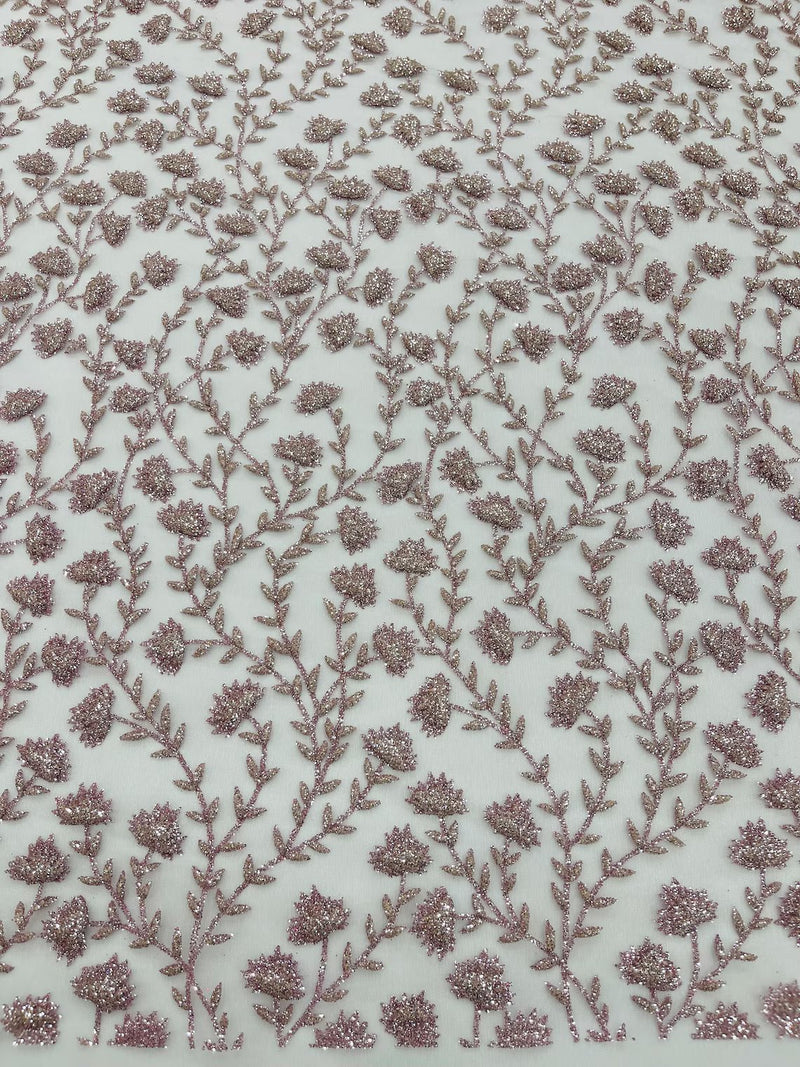 Small Glitter Flower Fabric - Light Lilac - Shimmer Glitter Flower Design on Mesh Lace By The Yard