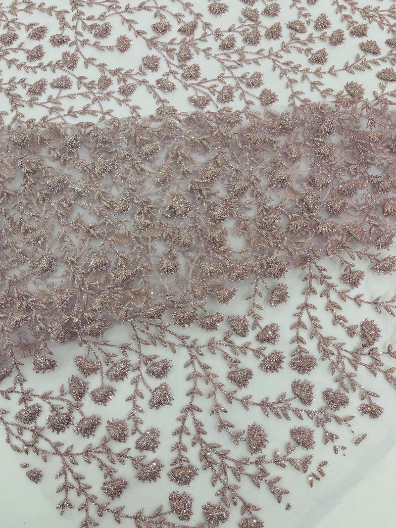 Small Glitter Flower Fabric - Light Lilac - Shimmer Glitter Flower Design on Mesh Lace By The Yard