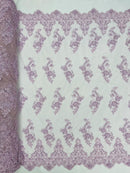 Floral Cluster Beaded Fabric - Light Lilac - Embroidered Flower Beaded Fabric Sold By Yard