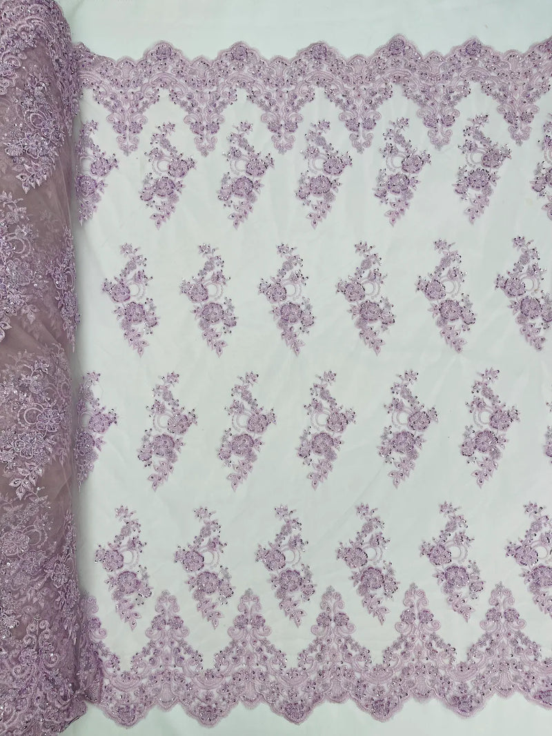 Floral Cluster Beaded Fabric - Light Lilac - Embroidered Flower Beaded Fabric Sold By Yard