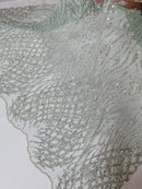 Beaded Embroidered Fabric - Light Mint - Embroidered Heart and Feather Pattern Fabric Sold By Yard