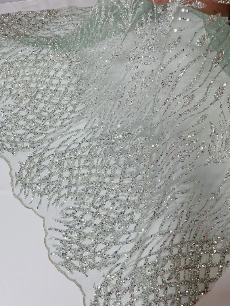 Beaded Embroidered Fabric - Light Mint - Embroidered Heart and Feather Pattern Fabric Sold By Yard