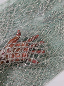 Beaded Embroidered Fabric - Light Mint - Embroidered Heart and Feather Pattern Fabric Sold By Yard