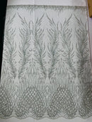 Beaded Embroidered Fabric - Light Mint - Embroidered Heart and Feather Pattern Fabric Sold By Yard