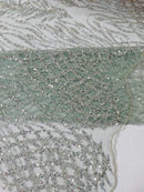 Beaded Embroidered Fabric - Light Mint - Embroidered Heart and Feather Pattern Fabric Sold By Yard