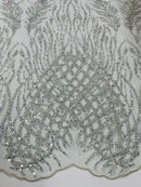Beaded Embroidered Fabric - Light Mint - Embroidered Heart and Feather Pattern Fabric Sold By Yard