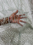 Beaded Embroidered Fabric - Light Mint - Embroidered Heart and Feather Pattern Fabric Sold By Yard