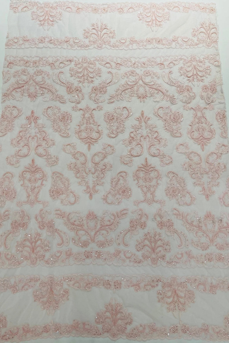 My Lady Beaded Fabric - Light Pink - Damask Beaded Sequins Embroidered Fabric By Yard