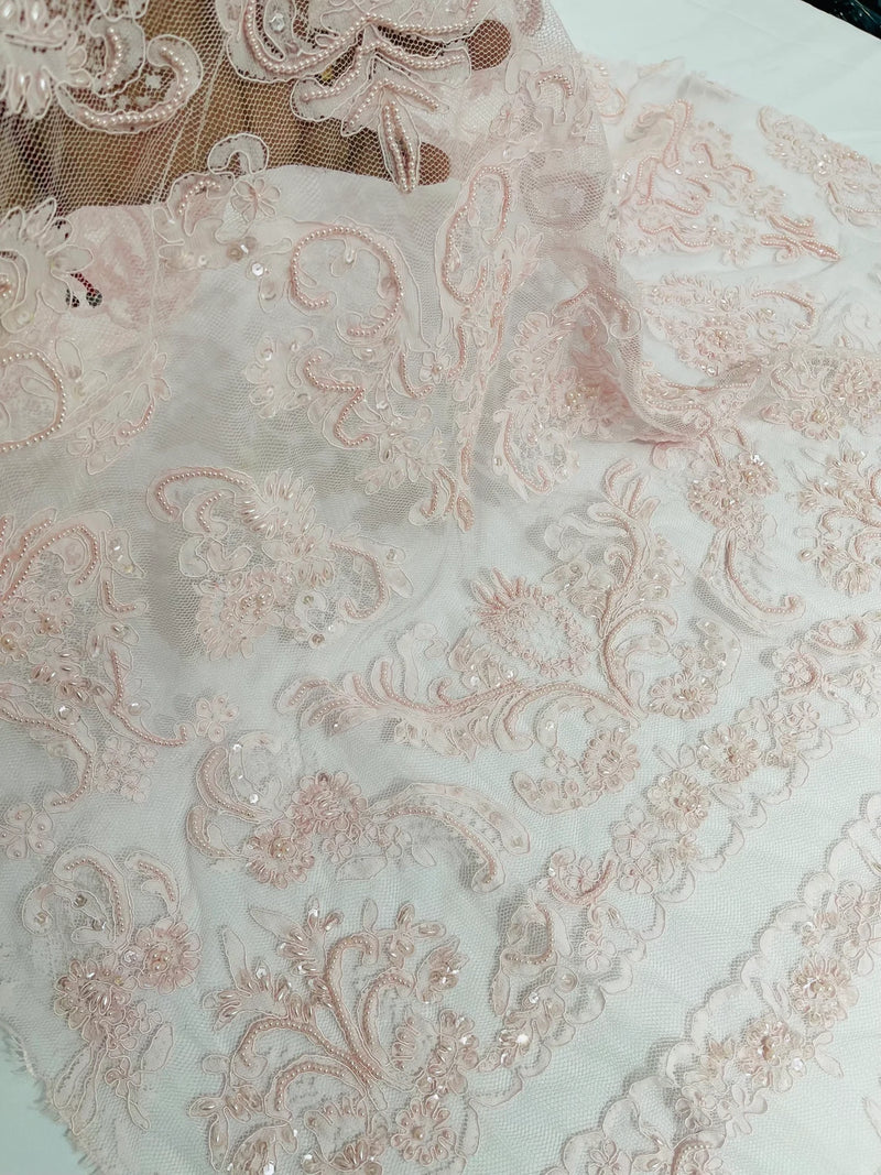 My Lady Beaded Fabric - Light Pink - Damask Beaded Sequins Embroidered Fabric By Yard