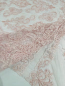 My Lady Beaded Fabric - Light Pink - Damask Beaded Sequins Embroidered Fabric By Yard