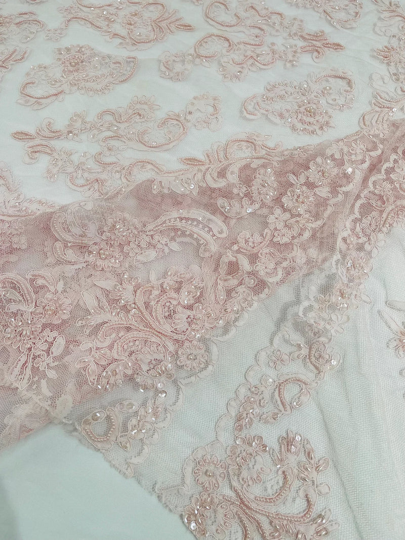 My Lady Beaded Fabric - Light Pink - Damask Beaded Sequins Embroidered Fabric By Yard