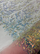 Beaded Iridescent Leaf Design - Clear on Light Pink - Leaf Sequins Bead Design Mesh Fabric by yard