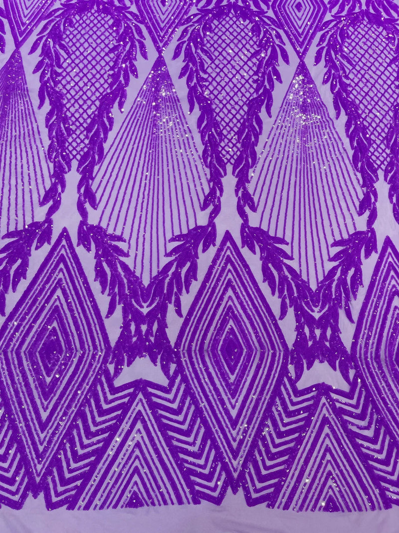 Triangle Pattern Sequins - Light Purple Iridescent - 4 Way Stretch Fabric Sequins Geometric Design  By Yard