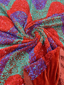 Wavy Line Design Velvet Sequins - Lilac /Orange/Green - Velvet Sequins Fabric 2 Way Stretch 58"- 60" By Yard