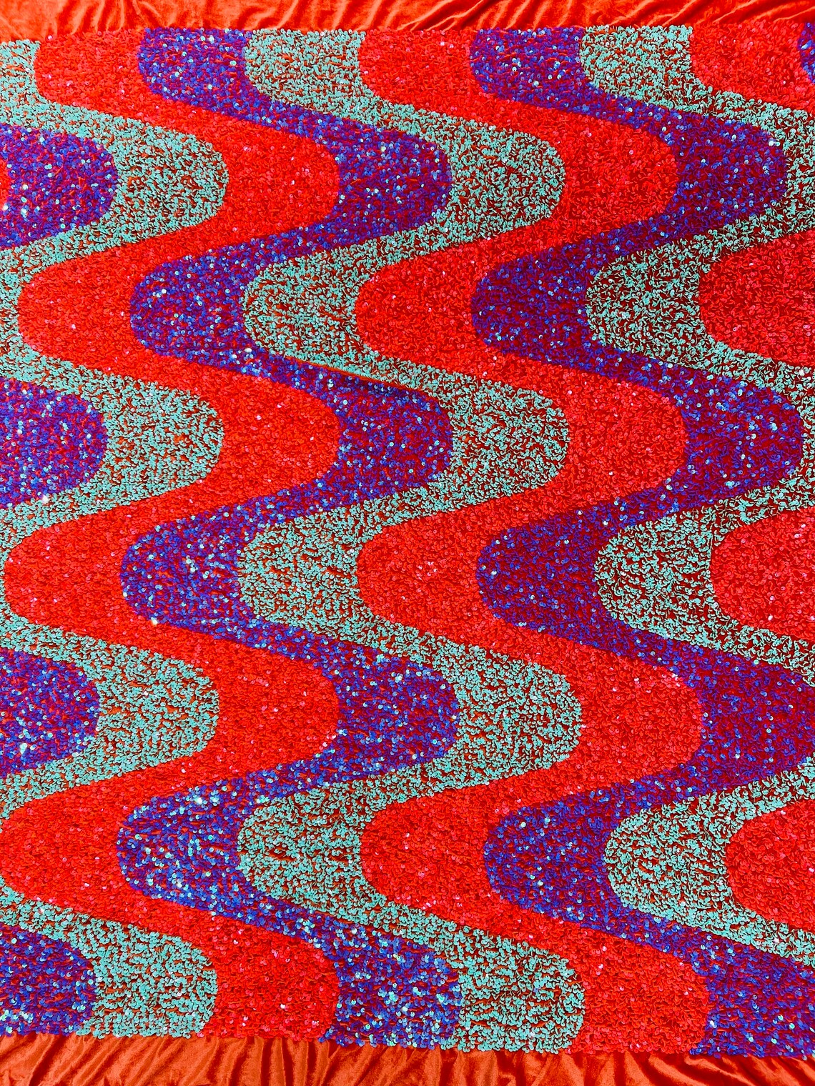 Wavy Line Design Velvet Sequins - Lilac /Orange/Green - Velvet Sequins